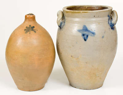 Lot of Two: Ovoid Stoneware Jug and Jar with Cobalt Decoration