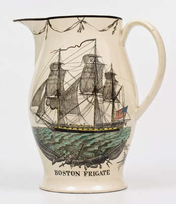 Rare Liverpool Creamware Pitcher w/ Patriotic Transfers (George Washington, Boston Frigate, Federal Eagle)