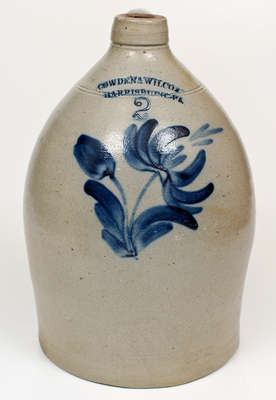2 Gal. COWDEN & WILCOX / HARRISBURG, PA Stoneware Jug w/ Floral Decoration