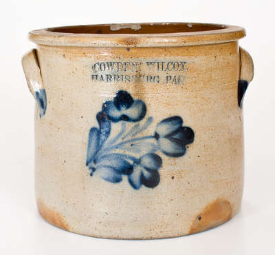 COWDEN & WILCOX / HARRISBURG, PA Stoneware Crock w/ Cobalt Floral Decoration