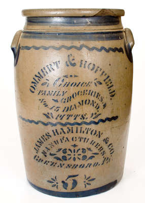 Scarce Five-Gallon Pittsburgh Advertising Crock, James Hamilton, Greensboro, PA origin