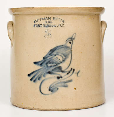 3 Gal. OTTMAN BRO'S & CO. / FORT EDWARD, NY Stoneware Crock w/ Bird Decoration