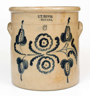 Fine Six-Gallon S.T. BREWER. / HAVANA Stoneware Crock w/ Elaborate Floral Decoration