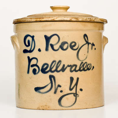 Bellvalle, NY Stoneware Script Advertising Crock, attrib. Fulper, Flemington, NJ
