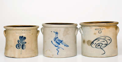 Lot of Three: Small-Sized Stoneware Crocks incl. Bird-Decorated Example