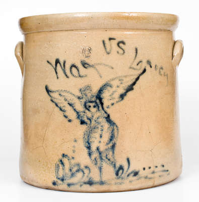 Unusual Stoneware Crock with Angel Decoration and Inscription