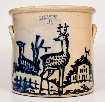 Rare and Fine Four-Gallon Stoneware Crock with Cobalt Double Deer and House Scene, Stamped 