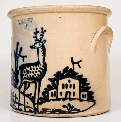 Rare and Fine J. & E. NORTON / BENNINGTON, VT Stoneware Crock w/ Double Deer and House Scene