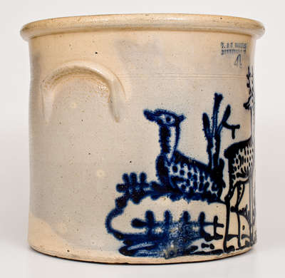 Rare and Fine J. & E. NORTON / BENNINGTON, VT Stoneware Crock w/ Double Deer and House Scene