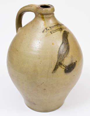 Rare L. NORTON & Co / BENNINGTON Stoneware Jug w/ Incised Bird