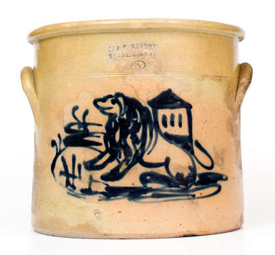 Rare J. & E. NORTON / BENNINGTON, VT Stoneware Crock w/ Cobalt Lion and House Motif