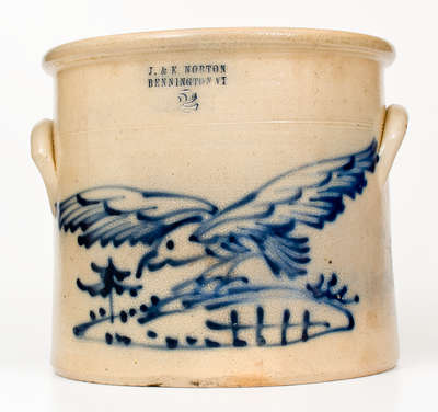 Scarce J. & E. NORTON / BENNINGTON VT Stoneware Crock w/ Cobalt Hawk Decoration