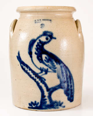 J. & E. NORTON / BENNINGTON, VT Stoneware Jar w/ Large Cobalt Pheasant Decoration