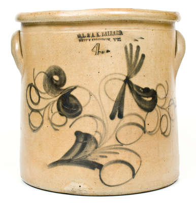 Four-Gallon O.L. & A.K. BALLARD. / BURLINGTON, VT Stoneware Crock w/ Elaborate Floral Decoration