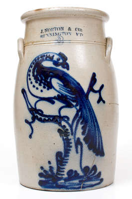 Fine Two-Gallon J. NORTON & CO. / BENNINGTON VT Stoneware Churn w/ Elaborate Pheasant-on-Stump