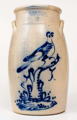 Very Rare Three-Gallon J. & E. NORTON / BENNINGTON, VT Stoneware Churn w/ Cobalt Bird-on-Stump Design