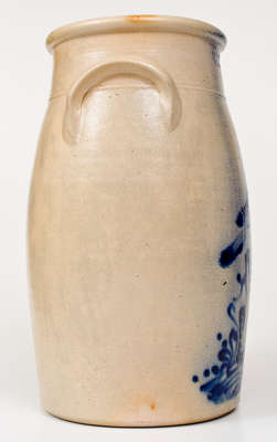 Very Rare Three-Gallon J. & E. NORTON / BENNINGTON, VT Stoneware Churn w/ Cobalt Bird-on-Stump Design