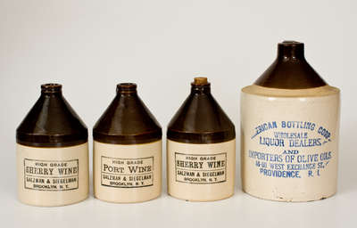 Four Brown-and-White Stoneware Jugs, Brooklyn / Rhode Island Advertising