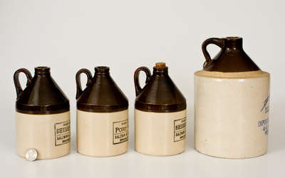 Four Brown-and-White Stoneware Jugs, Brooklyn / Rhode Island Advertising