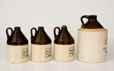 Four Brown-and-White Stoneware Jugs, Brooklyn / Rhode Island Advertising