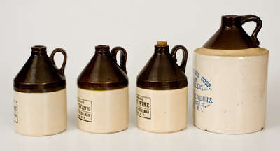 Four Brown-and-White Stoneware Jugs, Brooklyn / Rhode Island Advertising