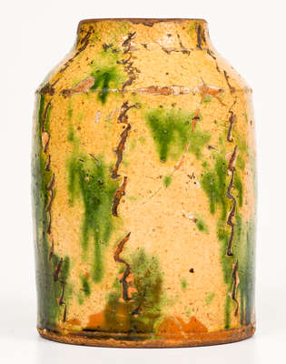 Extremely Rare Slip-Decorated Redware Tea Canister w/ Sgraffito Line Decoration, Southeastern PA