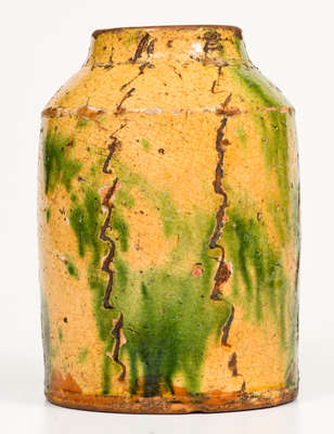 Very Rare Slip-Decorated Redware Tea Canister with Sgraffito Line Decoration, Southeastern PA origin, late 18th century.