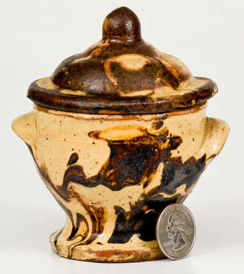 Very Rare Diminutive Lidded Redware Sugar Bowl w/ Slip Decoration, Strasburg or Winchester, VA