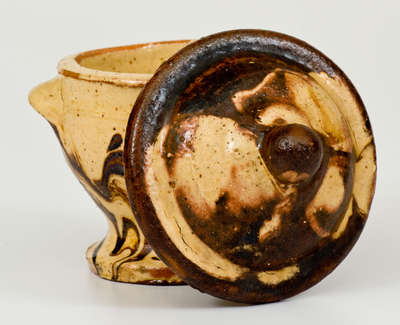 Very Rare Diminutive Lidded Redware Sugar Bowl w/ Slip Decoration, Strasburg or Winchester, VA