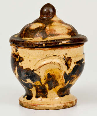 Very Rare Diminutive Lidded Redware Sugar Bowl w/ Slip Decoration, Strasburg or Winchester, VA