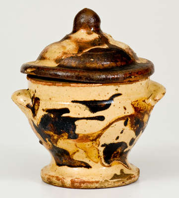 Very Rare Diminutive Lidded Redware Sugar Bowl w/ Slip Decoration, Strasburg or Winchester, VA