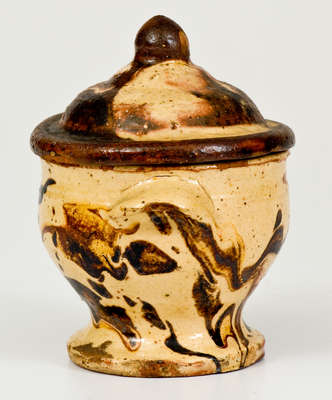 Very Rare Diminutive Lidded Redware Sugar Bowl w/ Slip Decoration, Strasburg or Winchester, VA