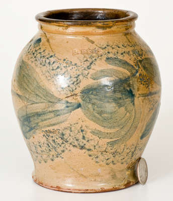 Exceptional J. BELL (Waynesboro, PA) Tin-Glazed Redware Jar w/ Elaborate Cobalt Decoration