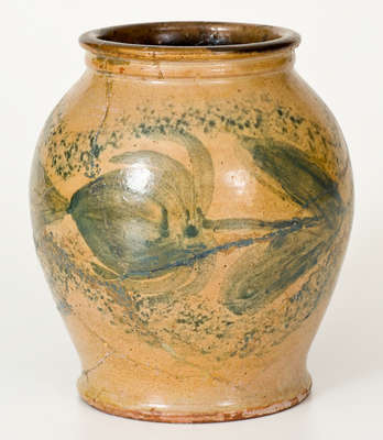 Exceptional J. BELL (Waynesboro, PA) Tin-Glazed Redware Jar w/ Elaborate Cobalt Decoration