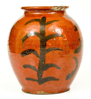 Glazed Redware Jar with Elaborate Manganese Decoration, possibly Circleville, New York