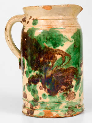 Multi-Glazed Shenandoah Valley Redware Tankard Pitcher, Strasburg, VA