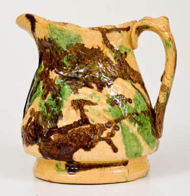 Very Rare Multi-Glazed Redware Hunt Scene Pitcher, attrib. S. Bell & Son, Strasburg, VA