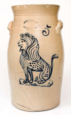 Rare Six-Gallon Stoneware Churn with Cobalt Seated Lion Decoration, Stamped 