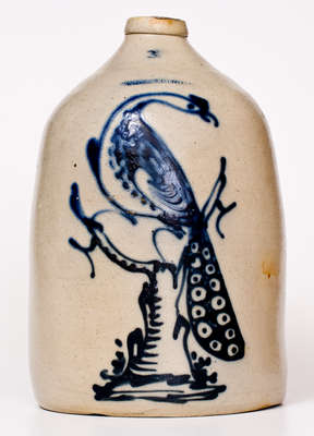 Extremely Rare WHITE S UTICA Three-Gallon Stoneware Jug w/ Cobalt Peacock Decoration