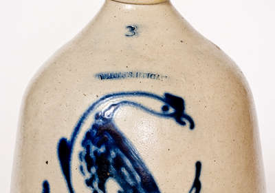 Extremely Rare WHITE S UTICA Three-Gallon Stoneware Jug w/ Cobalt Peacock Decoration