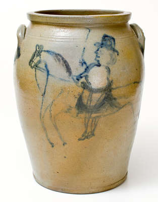 Extremely Rare Baltimore Stoneware Jar w/ Elaborate Horse and Rider Decoration