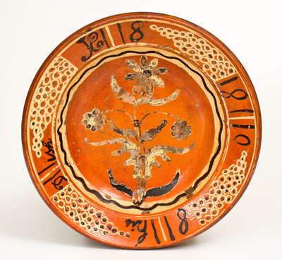 Exceedingly Rare and Important Shenandoah Valley Redware Dish, attrib. Peter Bell, Hagerstown, MD, 1808