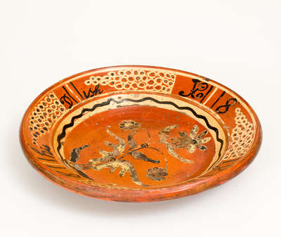 Exceedingly Rare and Important Shenandoah Valley Redware Dish, attrib. Peter Bell, Hagerstown, MD, 1808