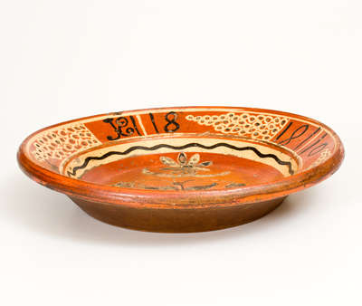 Exceedingly Rare and Important Shenandoah Valley Redware Dish, attrib. Peter Bell, Hagerstown, MD, 1808