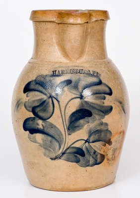 Rare HARRISBURG, PA (John Young) Stoneware Pitcher w/ Elaborate Cobalt Floral Decoration