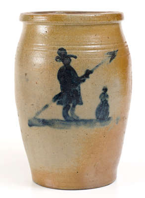 Exceptional Morgantown, WV Stoneware Jar w/ Cobalt Decoration of a Farmer and his Wife