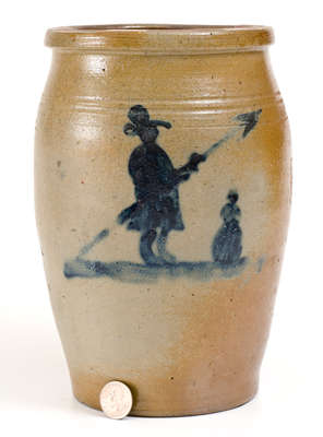 Exceptional Morgantown, WV Stoneware Jar w/ Cobalt Decoration of a Farmer and his Wife