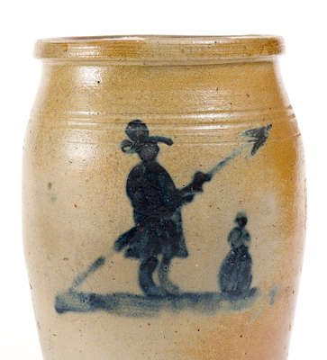 Exceptional Morgantown, WV Stoneware Jar w/ Cobalt Decoration of a Farmer and his Wife
