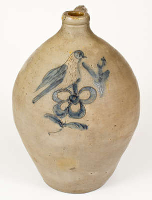 Fine New York State Stoneware Jug w/ Incised Bird-and-Floral Decoration, probably Troy, c1825