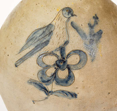 Fine New York State Stoneware Jug w/ Incised Bird-and-Floral Decoration, probably Troy, c1825